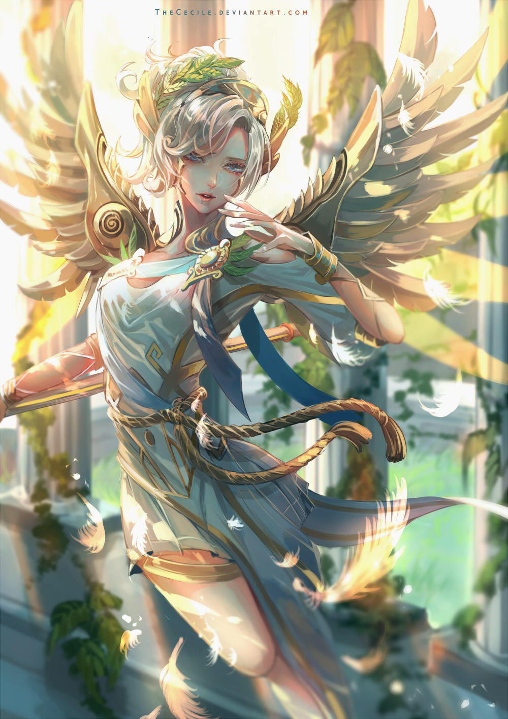 1girl alternate_costume blonde_hair blue_eyes bracelet breasts commentary dappled_sunlight dress english_commentary feathered_wings feathers flying greece head_wreath high_ponytail highres jewelry laurel_crown lips looking_at_viewer making-of_available mechanical_wings medium_breasts mercy_(overwatch) overwatch parted_lips pink_lips short_sleeves solo sunlight the_cecile toga watermark web_address white_dress winged_victory_mercy wings