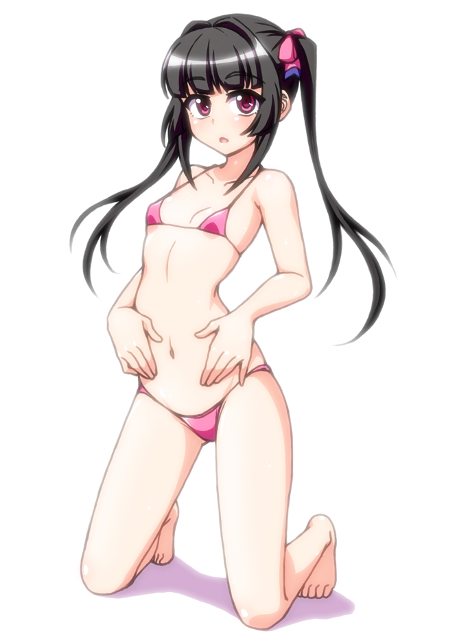 1girl bangs bare_shoulders bikini black_hair blush breasts commentary_request eyebrows_visible_through_hair hair_ribbon hands_on_stomach kneeling long_hair looking_at_viewer navel open_mouth pink_bikini pink_eyes ribbon senki_zesshou_symphogear small_breasts solo swimsuit tsukuyomi_shirabe twintails white_background zetsumu