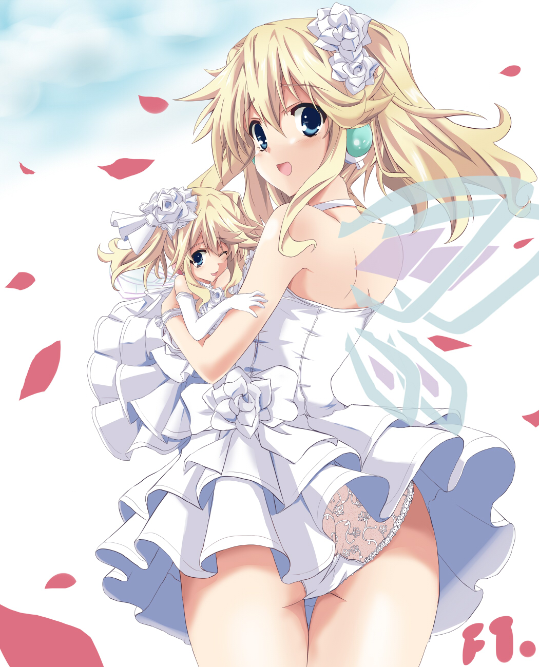 2girls ;d ass bad_id bad_pixiv_id bare_shoulders blonde_hair blue_eyes blush choker choujigen_game_neptune cowboy_shot dress dual_persona elbow_gloves fairy fairy_wings from_behind fujishima_tsubasa gloves hair_between_eyes hair_ornament halterneck happy hat headphones highres histoire hug jewelry kami_jigen_game_neptune_v lace lace_panties long_hair looking_at_viewer looking_back multiple_girls multiple_persona neptune_(series) one_eye_closed open_mouth panties petals ring short_dress shoulder_blades sidelocks size_difference smile thigh_gap thighs twintails underwear wedding_band wedding_dress white_dress white_gloves white_panties wings