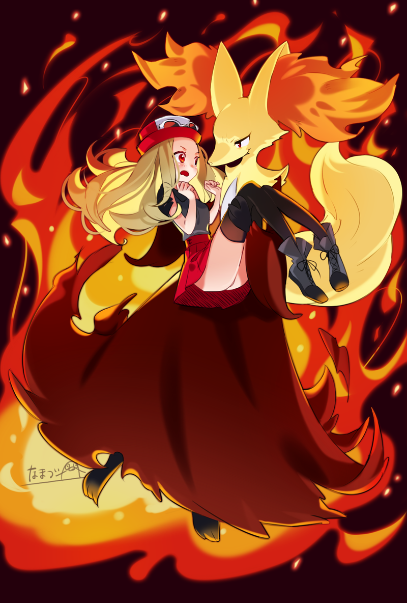 1girl animal_ears artist_name bare_shoulders black_legwear black_shirt blonde_hair blush carrying commentary_request delphox eye_contact eyewear_on_headwear fire fox_ears fox_tail full_body furry gen_6_pokemon grey_footwear half-closed_eyes hands_up hat long_hair looking_at_another namazu_(dc_27546) open_mouth pigeon-toed pleated_skirt poke_ball_symbol pokemon pokemon_(creature) pokemon_(game) pokemon_xy princess_carry red_background red_eyes red_headwear red_skirt serena_(pokemon) shirt shoes signature skindentation skirt sleeveless sleeveless_shirt smile standing sunglasses tail thigh-highs white-framed_eyewear