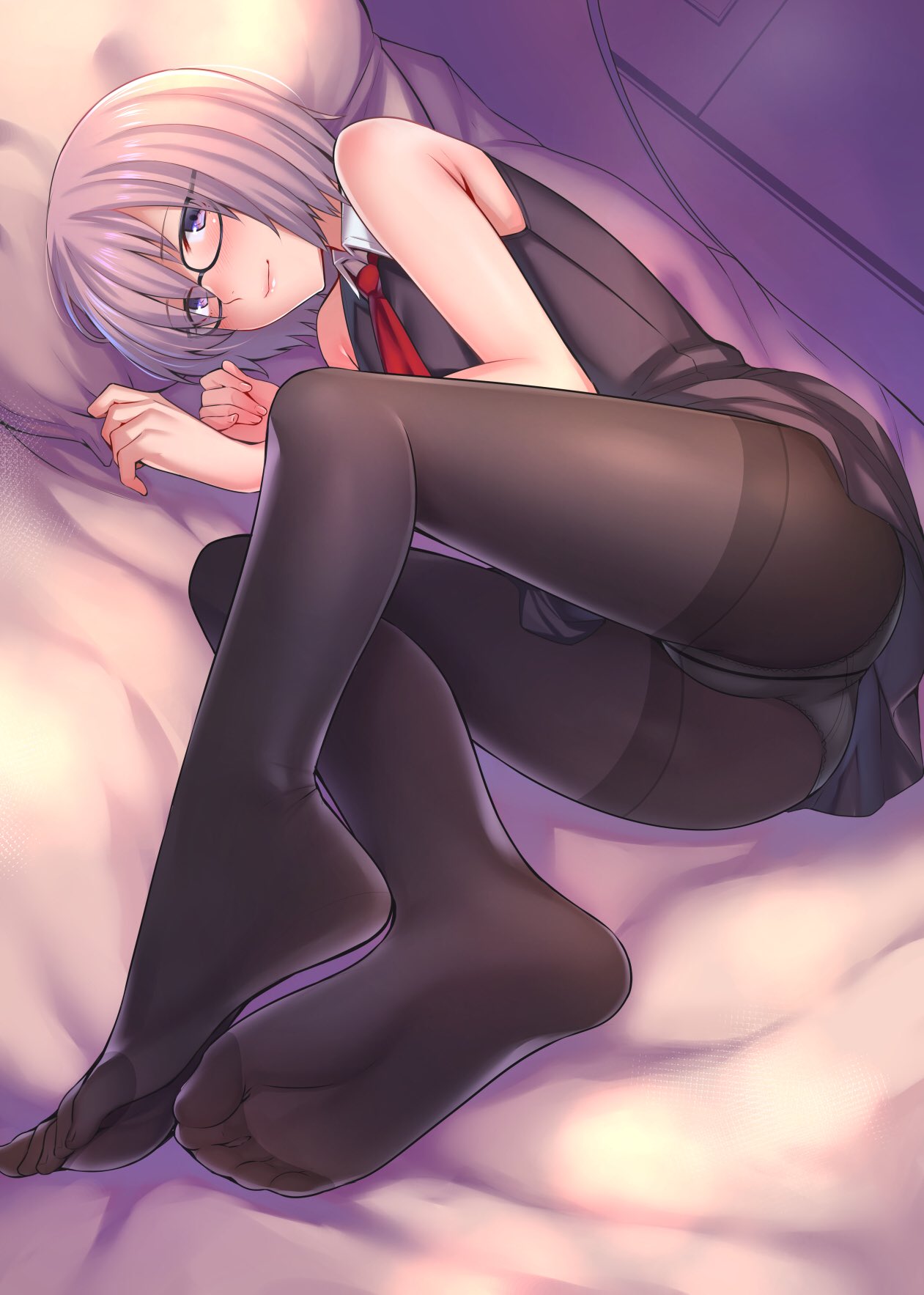 1girl armpit_peek ass bangs bare_arms bare_shoulders bed bed_sheet black-framed_eyewear black_dress black_legwear blush closed_mouth collar collared_dress commentary crotch_seam dress eyebrows_visible_through_hair eyes_visible_through_hair fate/grand_order fate_(series) feet fine_fabric_emphasis foreshortening glasses hair_over_one_eye highres indoors kyuuso_inukami lavender_hair legs_together lips looking_at_viewer lying mash_kyrielight necktie no_shoes on_bed on_side panties panties_under_pantyhose pantyhose pillow pov_feet red_neckwear shiny shiny_hair short_hair sleeveless sleeveless_dress smile soles solo thighband_pantyhose toenails toes underwear violet_eyes white_collar