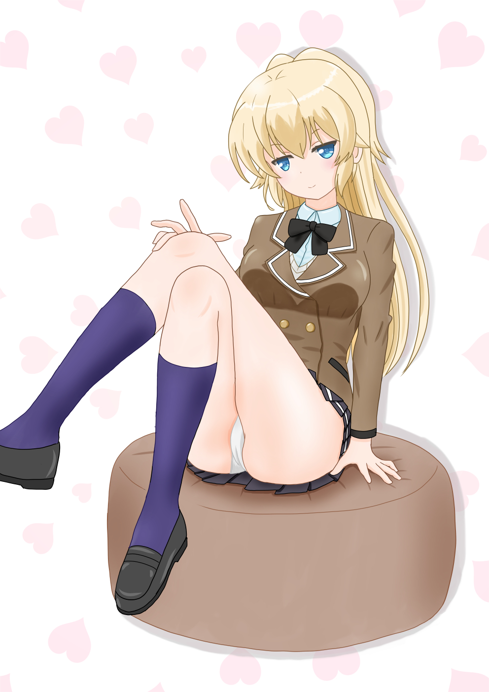 1girl blonde_hair blue_eyes blush breasts commentary commission double-breasted highres large_breasts long_hair looking_at_viewer panties regalia_the_three_sacred_stars ringsofsix school_uniform skirt smile solo thigh-highs underwear white_legwear white_panties yuinshiel_asteria