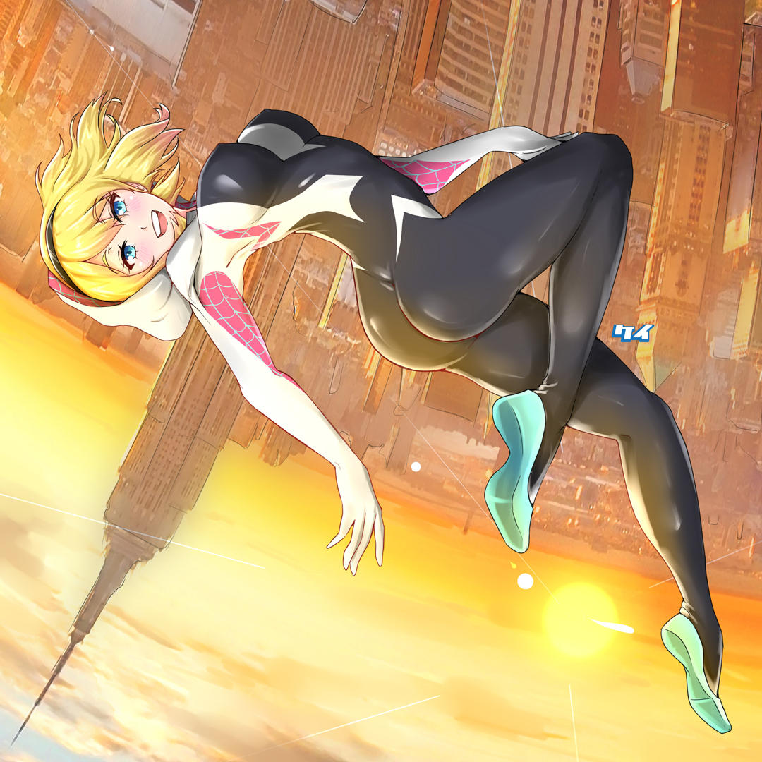 1girl ballet_slippers blonde_hair blue_eyes bodysuit breasts commentary gwen_stacy hairband hood keikyu_(tiltedcube) manhattan marvel medium_breasts skin_tight sky solo spider-gwen spider-man_(series) spider_web_print sunset superhero