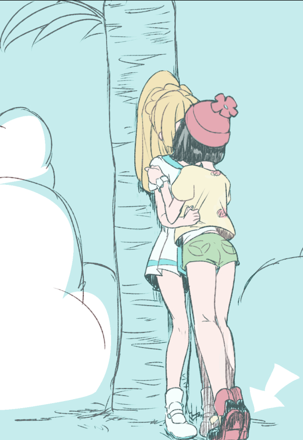 2girls ass beanie black_hair blonde_hair blue_background blue_footwear blue_shirt blue_skirt braid chorimokki commentary_request directional_arrow french_braid from_behind full_body green_shorts hand_up hat kiss lillie_(pokemon) miniskirt mizuki_(pokemon) multiple_girls outdoors palm_tree pleated_skirt poke_ball_symbol pokemon pokemon_(game) pokemon_sm ponytail red_footwear red_headwear shirt shoes short_hair short_shorts short_sleeves shorts skirt standing tied_hair tiptoes tree undershirt watch watch yellow_shirt yuri