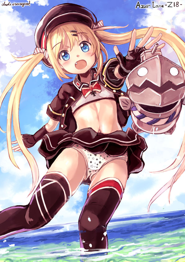 1girl artist_name azur_lane blonde_hair bra character_name clouds commentary_request dada_(esoragoto) day fang fingerless_gloves flat_chest gloves hair_ornament hair_ribbon hairclip hat jacket long_hair looking_at_viewer midriff navel open_mouth panties ribbon sky solo thigh-highs training_bra twintails underwear z18_(azur_lane)