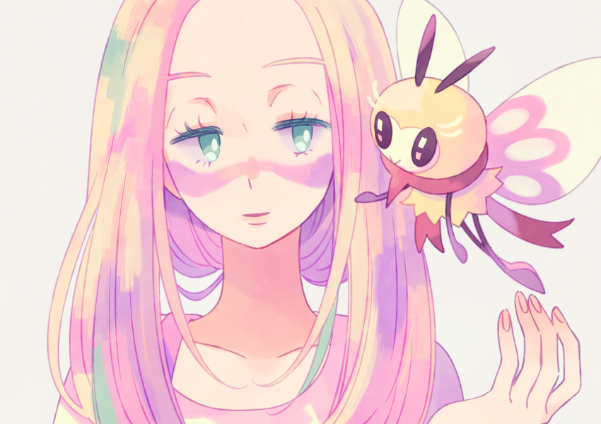 1girl black_eyes blonde_hair closed_mouth collarbone eye_contact green_eyes grey_background half-closed_eyes hand_up komasawa_(fmn-ppp) long_hair looking_at_another matsurika_(pokemon) multicolored_hair open_mouth pokemon pokemon_(creature) pokemon_(game) pokemon_sm ribombee shirt simple_background smile trial_captain