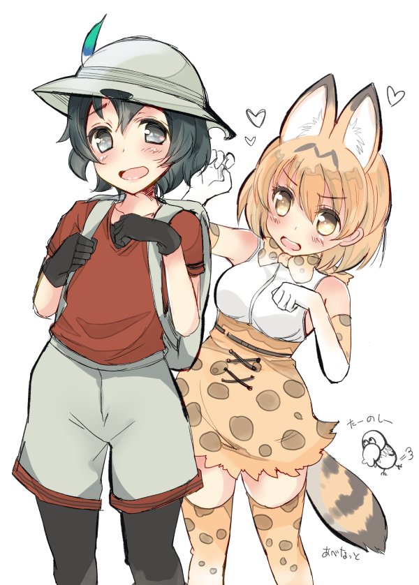 2girls abenattou animal_ears artist_name backpack bag bangs black_eyes black_gloves black_hair blonde_hair bow bowtie brown_shorts claw_pose commentary_request elbow_gloves extra_ears eyebrows_visible_through_hair gloves hat_feather heart helmet high-waist_skirt holding_strap kaban_(kemono_friends) kemono_friends leaning_to_the_side legwear_under_shorts looking_at_another looking_at_viewer multiple_girls open_mouth pantyhose pith_helmet print_gloves print_legwear print_neckwear print_skirt red_shirt serval_(kemono_friends) serval_ears serval_print serval_tail shirt short_hair short_sleeves shorts skirt sleeveless sleeveless_shirt smile standing striped_tail tail thigh-highs translated white_gloves white_shirt white_skirt yellow_eyes yellow_legwear