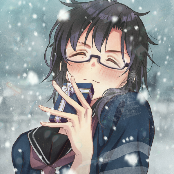 1girl black_hair blush closed_eyes day facing_viewer genderswap genderswap_(mtf) gift grey_sky imayoshi_shouichi karin(q1) kuroko_no_basuke medium_hair outdoors picrew school_uniform snowing solo upper_body