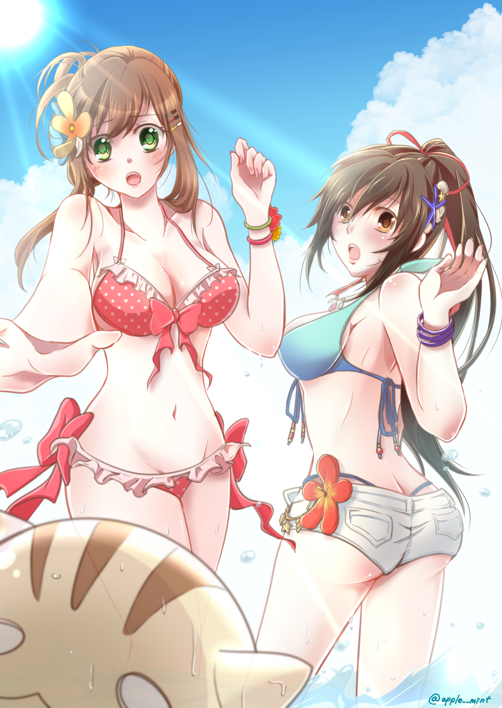 2girls alternate_costume ass bad_id bad_pixiv_id bikini bikini_top blush bracelet breasts brown_eyes brown_hair butt_crack commentary_request flower green_eyes hair_flower hair_ornament hair_ribbon hairclip haruka_(magic-wand) highres jewelry large_breasts long_hair looking_at_viewer multiple_girls open_mouth ponytail reaching_out ribbon saionji_reimi shiny shiny_clothes shiny_hair shiny_skin short_shorts shorts sophia_esteed star_ocean star_ocean_anamnesis star_ocean_the_last_hope star_ocean_till_the_end_of_time sweatdrop swimsuit very_long_hair water