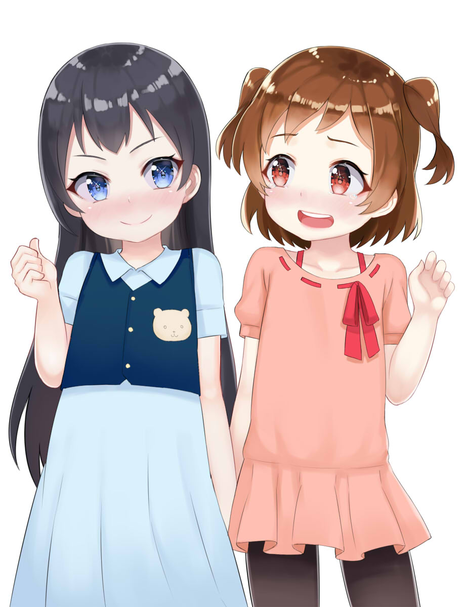 &gt;:) 2girls :d aijou_karen atg_(wttoo0202) bangs black_hair black_legwear blue_dress blue_eyes blue_vest blush brown_hair closed_mouth dress eye_contact eyebrows_visible_through_hair flat_chest hand_up head_tilt highres holding_hands interlocked_fingers kagura_hikari long_hair looking_at_another looking_to_the_side multiple_girls open_mouth pantyhose pink_dress red_eyes red_ribbon ribbon ribbon-trimmed_dress ribbon_trim short_sleeves shoujo_kageki_revue_starlight simple_background smile two_side_up very_long_hair vest white_background younger