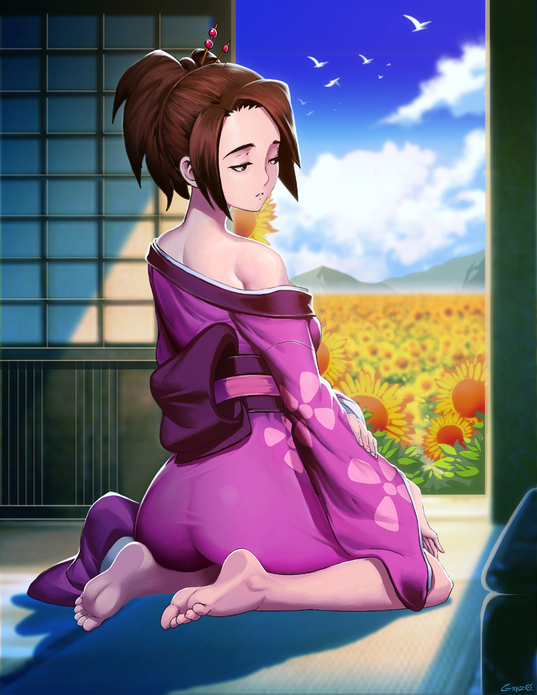 1girl artist_name ass back bare_shoulders barefoot bird blue_sky brown_hair clouds commentary_request day doorway feet flower from_behind fuu genzoman hair_ornament hair_up hairpin japanese_clothes kimono looking_back mountain off_shoulder open_door parted_lips pink_kimono samurai_champloo sitting sky solo sunflower toes wariza