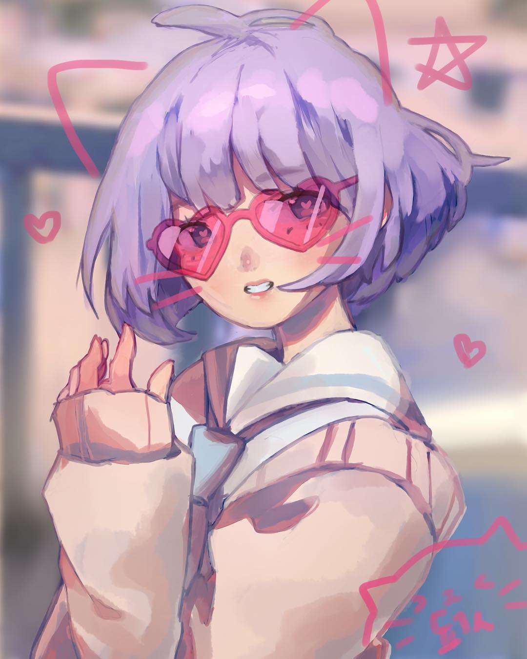 1girl ahoge arm_up bangs blue_eyes blue_neckwear blurry blurry_background commentary dochanhee english_commentary eyebrows_visible_through_hair heart heart-shaped_eyewear highres lavender_hair long_sleeves necktie original outdoors sailor_collar school_uniform serafuku shirt_under_sweater short_hair sleeves_past_wrists solo sunlight tan_sweater teeth white_sailor_collar