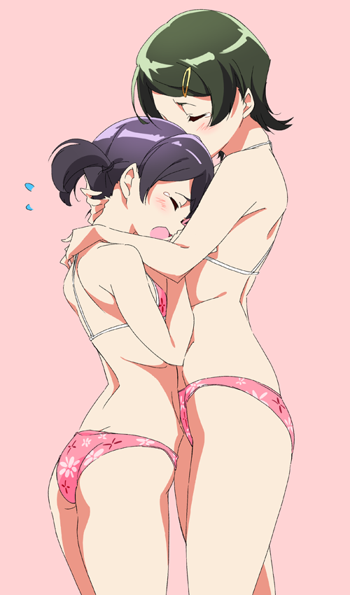 2girls ass bikini black_hair blush breasts closed_eyes cowboy_shot crying green_hair hair_ornament hairclip halter_top halterneck harukana_receive height_difference hug multiple_girls pink_background pink_bikini pink_theme short_hair simple_background small_breasts sunagawa_mai swimsuit swimwear tanahara_ai tears umanosuke yuri