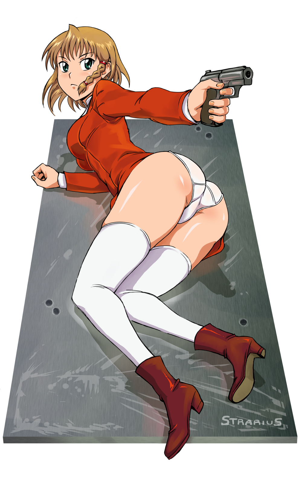 1girl aika_(series) aika_r-16 aiming_at_viewer aqua_eyes arm_support artist_name ass bangs body_blush boots braid brown_footwear brown_hair closed_mouth crotch_seam dress eyebrows_visible_through_hair finger_on_trigger frown full_body gun handgun high_heel_boots high_heels highres holding holding_gun holding_weapon legs long_sleeves looking_at_viewer looking_back lying maigleco on_floor on_side outstretched_arm panties pantyshot pantyshot_(lying) pistol red_dress shirt shoe_soles short_hair side_braid single_braid solo sumeragi_aika thigh-highs thighs transparent_background underwear weapon white_legwear white_panties white_shirt