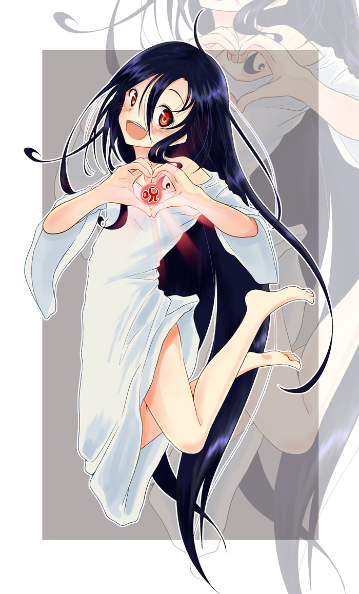 1girl :d azumawari_(azumofu) barefoot blue_hair blush commentary dress full_body hair_between_eyes heart heart_hands jumping long_hair looking_at_viewer off_shoulder open_mouth outline red_eyes smile solo the_ring translated very_long_hair white_dress white_outline wide_sleeves yamamura_sadako zoom_layer