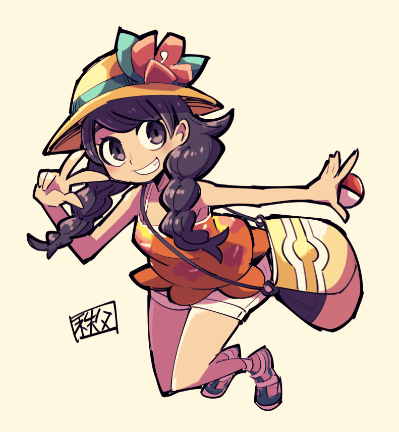 1girl bag bangs black_eyes black_hair braid chichibu_(chichichibu) flower full_body grin handbag hat hat_flower hibiscus hibiscus_print holding holding_poke_ball mizuki_(pokemon) orange_headwear orange_shirt poke_ball poke_ball_(generic) pokemon pokemon_(game) pokemon_usum puffy_shorts red_flower shirt shorts smile solo swept_bangs tank_top teeth twin_braids white_shorts