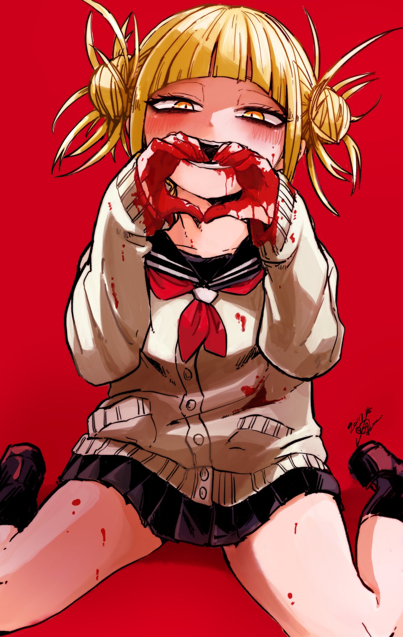 1girl artist_name bangs black_footwear black_legwear black_sailor_collar black_shirt blonde_hair blood bloody_clothes bloody_hands blunt_bangs blush boku_no_hero_academia collarbone commentary_request dated double_bun flat_chest half-closed_eyes hands_together hands_up happy heart heart_hands highres ikapnmn2 jpeg_artifacts long_sleeves looking_at_viewer miniskirt neckerchief open_mouth pleated_skirt red_background red_neckwear sailor_collar school_uniform shirt shoes short_hair signature simple_background sitting skirt smile socks solo sweater teeth tied_hair toga_himiko wariza white_sweater yellow_eyes