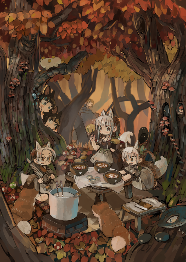 6+girls animal_ears bench black_hair blue_eyes blush bowl brown_hair closed_mouth ebimomo fox fox_ears fox_girl fox_tail glasses lizard looking_at_another looking_away medium_hair multiple_girls mushroom original outdoors parted_lips sitting smile standing table tablecloth tail tree wariza white_hair