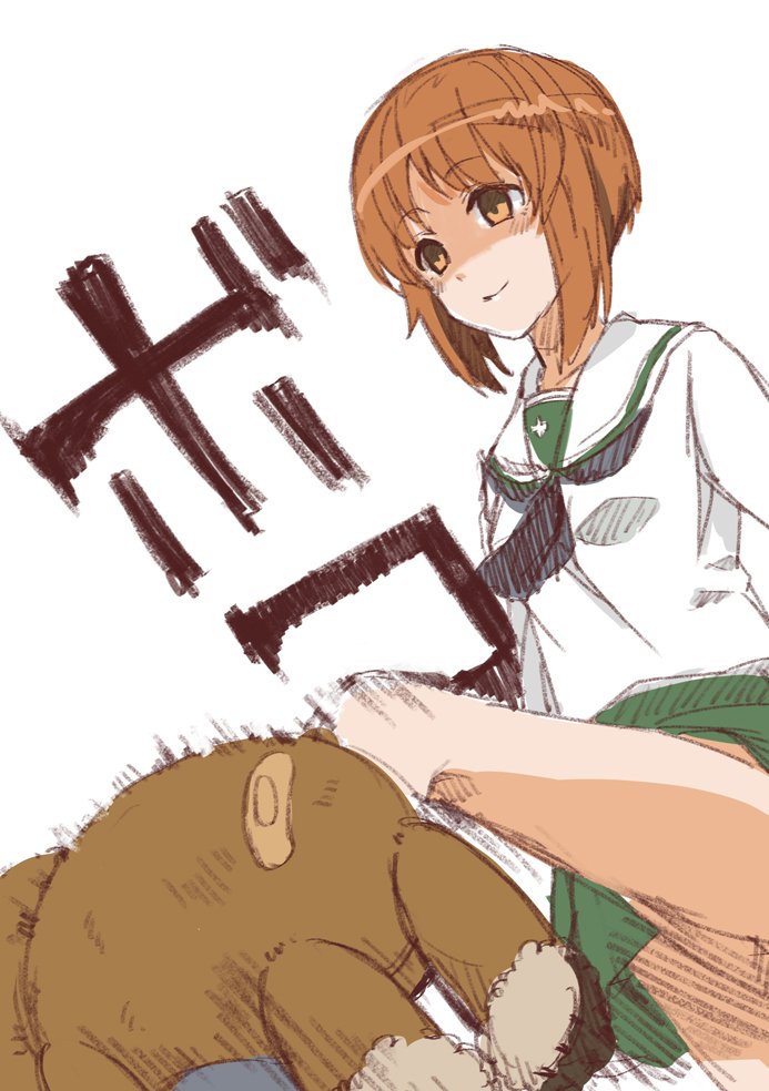 1girl bandaid bangs black_neckwear blouse boko_(girls_und_panzer) brown_eyes brown_hair closed_mouth commentary cosmic_(crownclowncosmic) empty_eyes eyebrows_visible_through_hair girls_und_panzer green_skirt kicking leg_up long_sleeves looking_to_the_side miniskirt motion_blur neckerchief nishizumi_miho ooarai_school_uniform pleated_skirt school_uniform serafuku shaded_face short_hair skirt smile solo sound_effects standing standing_on_one_leg stuffed_animal stuffed_toy teddy_bear translated white_blouse