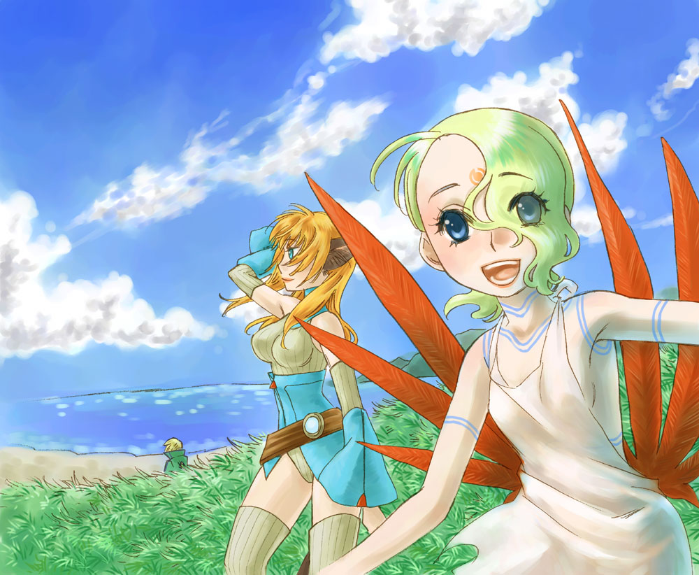 1boy 2girls :d ^_^ blue_eyes bosch_1/64 breasts breath_of_fire breath_of_fire_v closed_eyes closed_mouth clouds commentary_request dress facial_mark full_body_tattoo grass green_hair hair_over_one_eye lin_(breath_of_fire) long_hair looking_at_viewer multiple_girls nina_(breath_of_fire_v) open_mouth outstretched_arms red_wings short_hair sideboob sky smile syari18192 tattoo white_dress wings