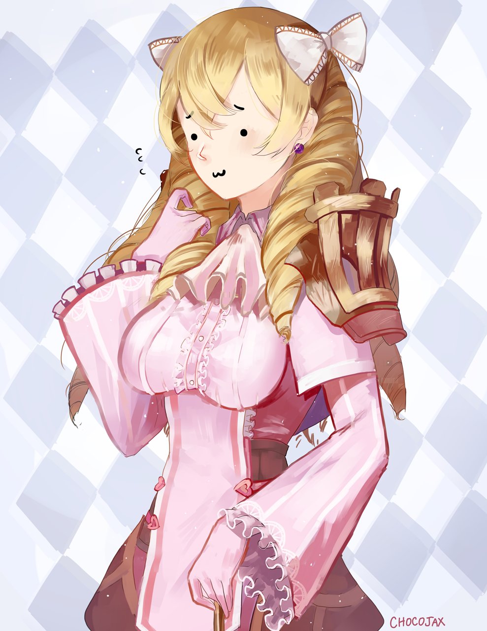 1girl :3 ascot blonde_hair blush bow breasts center_frills chocojax commentary drill_hair earrings english_commentary eyebrows_visible_through_hair fire_emblem fire_emblem:_kakusei gloves hair_bow hair_ornament headshop highres jewelry lace long_hair mariabel_(fire_emblem) solo yellow_eyes