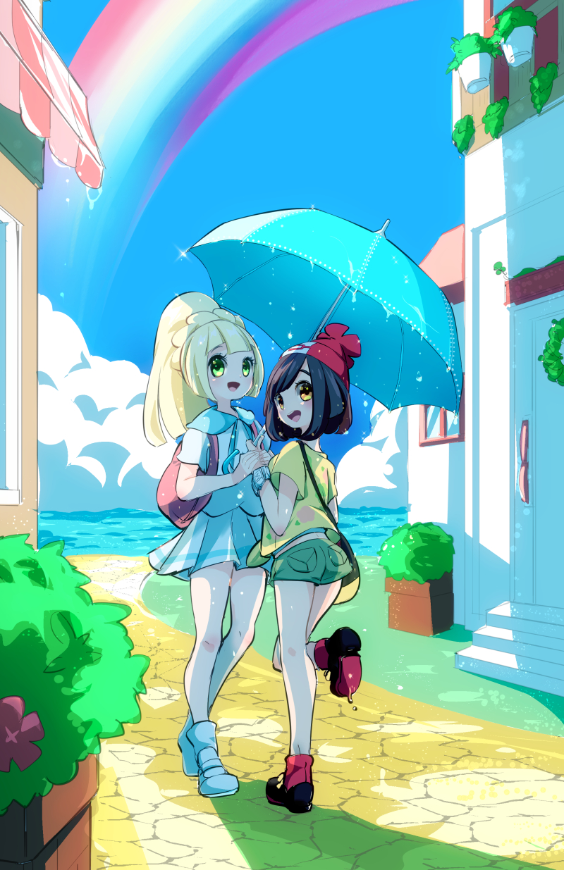 2girls ass backpack bag beanie black_hair blonde_hair blue_sky blush braid building bush chorimokki clouds commentary_request day flat_chest floral_print flower french_braid from_behind full_body green_shorts happy hat highres holding holding_hands leg_up lillie_(pokemon) looking_up mizuki_(pokemon) multiple_girls open_mouth orange_eyes outdoors pleated_skirt poke_ball_symbol poke_ball_theme pokemon pokemon_(game) pokemon_sm ponytail rainbow red_flower red_footwear red_headwear shiny shiny_hair shirt shoes short_hair short_shorts short_sleeves shorts skirt sky smile standing standing_on_one_leg teeth textless tied_hair umbrella undershirt watch watch wet white_footwear white_shirt white_skirt yellow_shirt