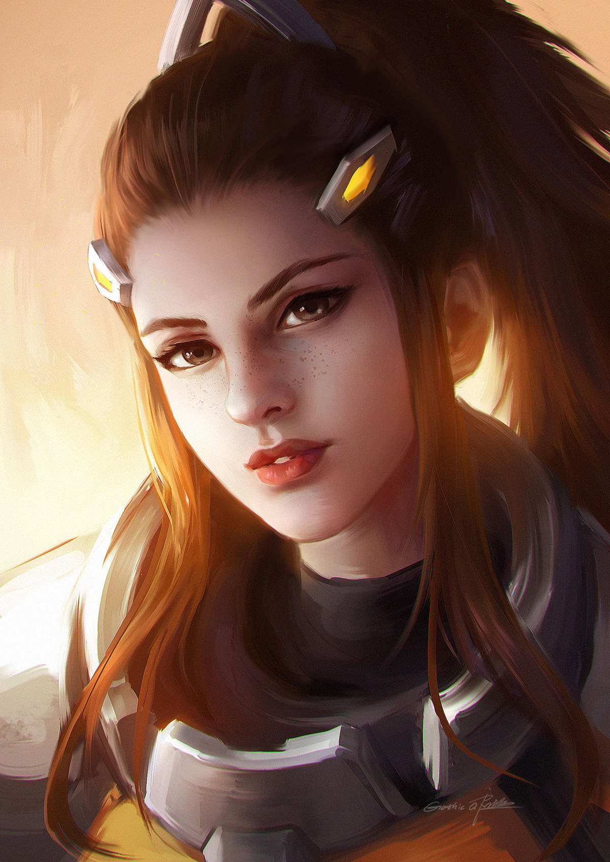 1girl brigitte_(overwatch) brown_eyes brown_hair commentary_request freckles highres lips long_hair looking_at_viewer overwatch parted_lips ponytail portrait qichao_wang sidelocks signature simple_background smile solo upper_body