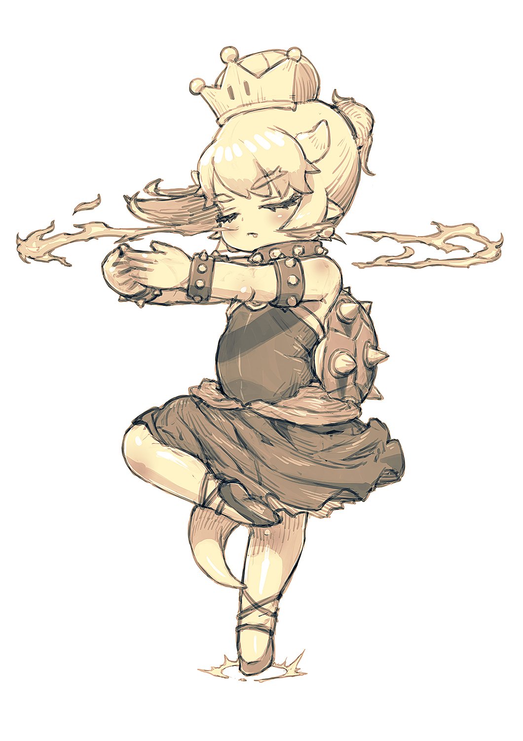1girl ballerina ballet_slippers blush bowsette bracelet breathing_fire brooch closed_eyes collar crown dancing dress eyebrows_visible_through_hair feral_lemma fingers_together fire focused highres horns jewelry leg_up super_mario_bros. new_super_mario_bros._u_deluxe pointy_ears ponytail sepia shiny shiny_clothes shiny_hair shiny_skin short_eyebrows short_hair solo spiked_bracelet spiked_collar spiked_shell spikes spinning standing standing_on_one_leg strapless strapless_dress super_crown tail younger