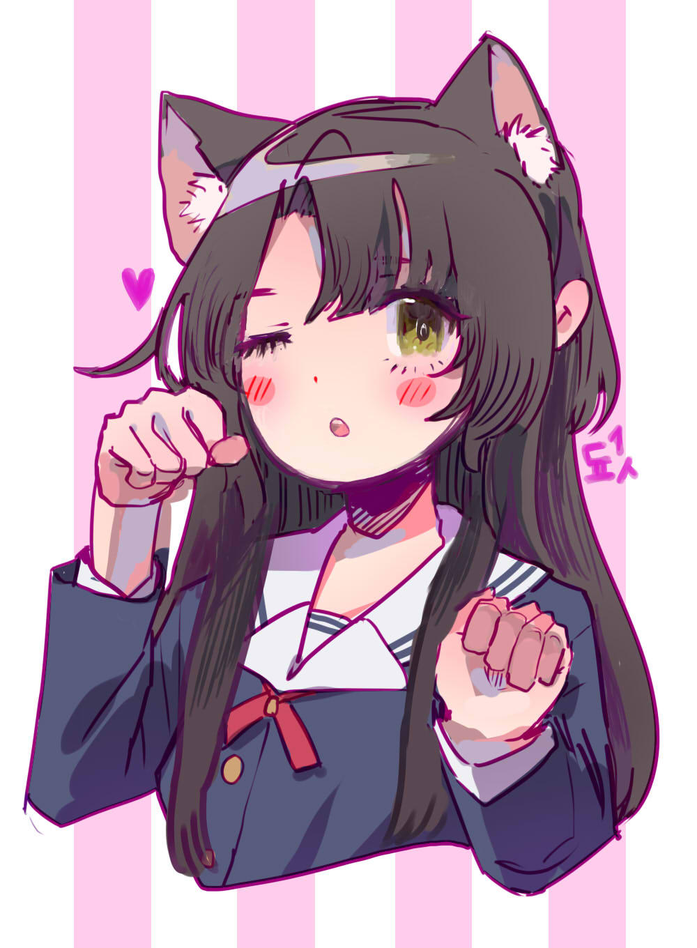 1girl :o animal_ears arms_up bangs black_hair blue_shirt blush buttons cat_ears chestnut_mouth commentary dochanhee english_commentary eyebrows_visible_through_hair hands_up heart highres korean_text long_hair long_sleeves looking_at_viewer neck_ribbon one_eye_closed original paw_pose purple_background red_ribbon ribbon sailor_collar shirt solo striped striped_background translation_request two-tone_background upper_body white_background white_sailor_collar yellow_eyes