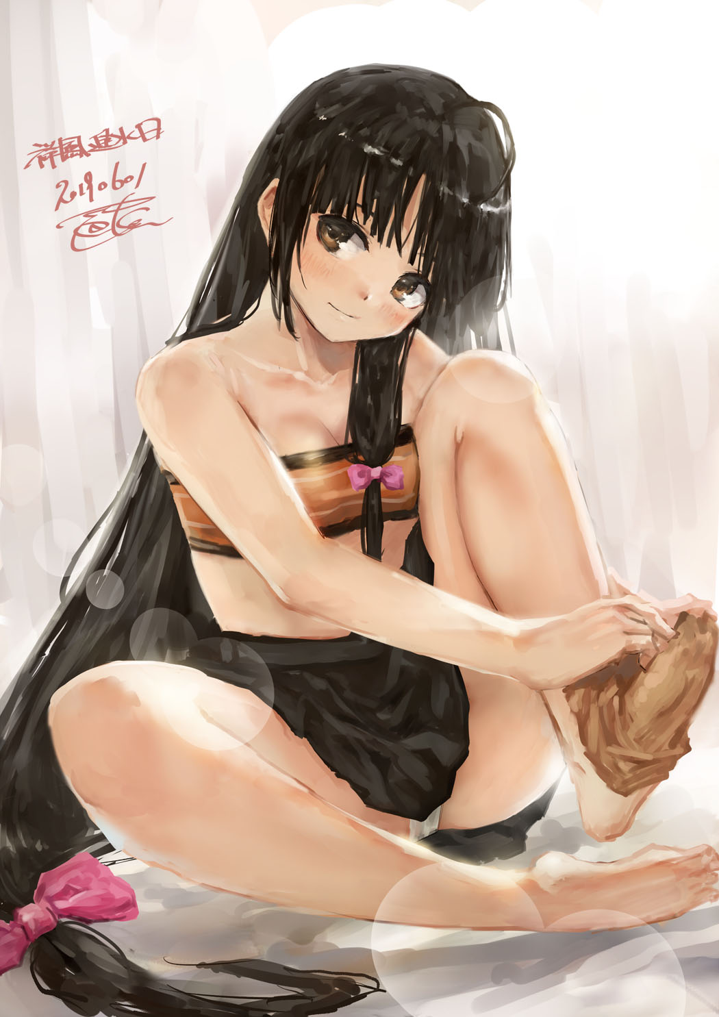 1girl black_hair black_skirt blush bow breasts brown_eyes closed_mouth dated gradient gradient_background hachimaki hair_bow hair_ornament hair_ribbon headband highres kantai_collection long_hair medium_breasts panties pantyshot pantyshot_(sitting) pink_bow pleated_skirt ribbon shouhou_(kantai_collection) single_thighhigh sitting skirt smile solo thigh-highs toka_(marchlizard) underwear very_long_hair
