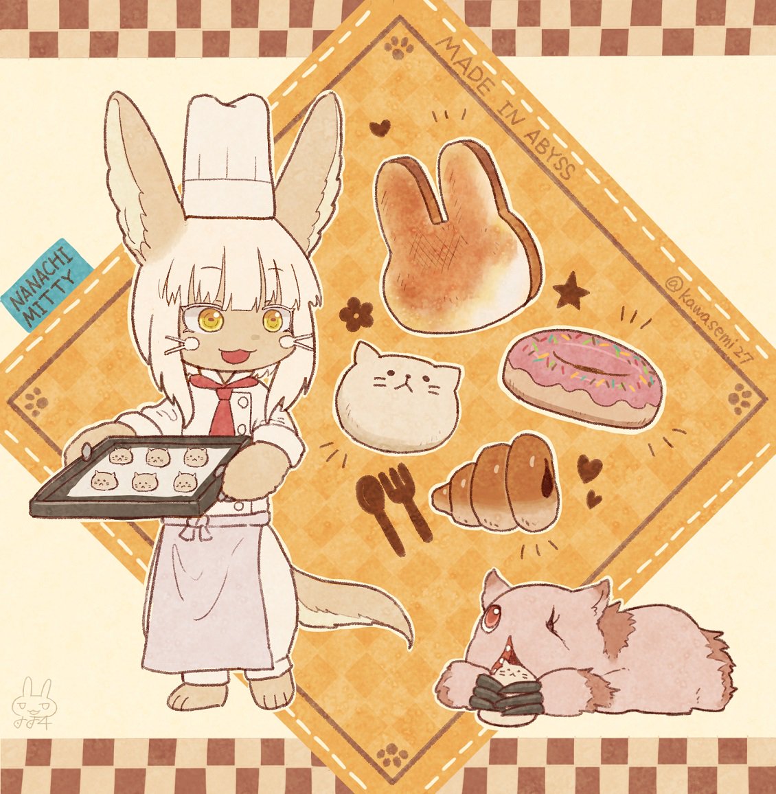 1girl 1other animal_ears baking_sheet blush character_name chef_hat chef_uniform doughnut eyebrows_visible_through_hair food fork hat kawasemi27 looking_at_another made_in_abyss medium_hair mitty_(made_in_abyss) nanachi_(made_in_abyss) parted_lips smile spoon standing tail toque_blanche white_hair white_headwear yellow_eyes