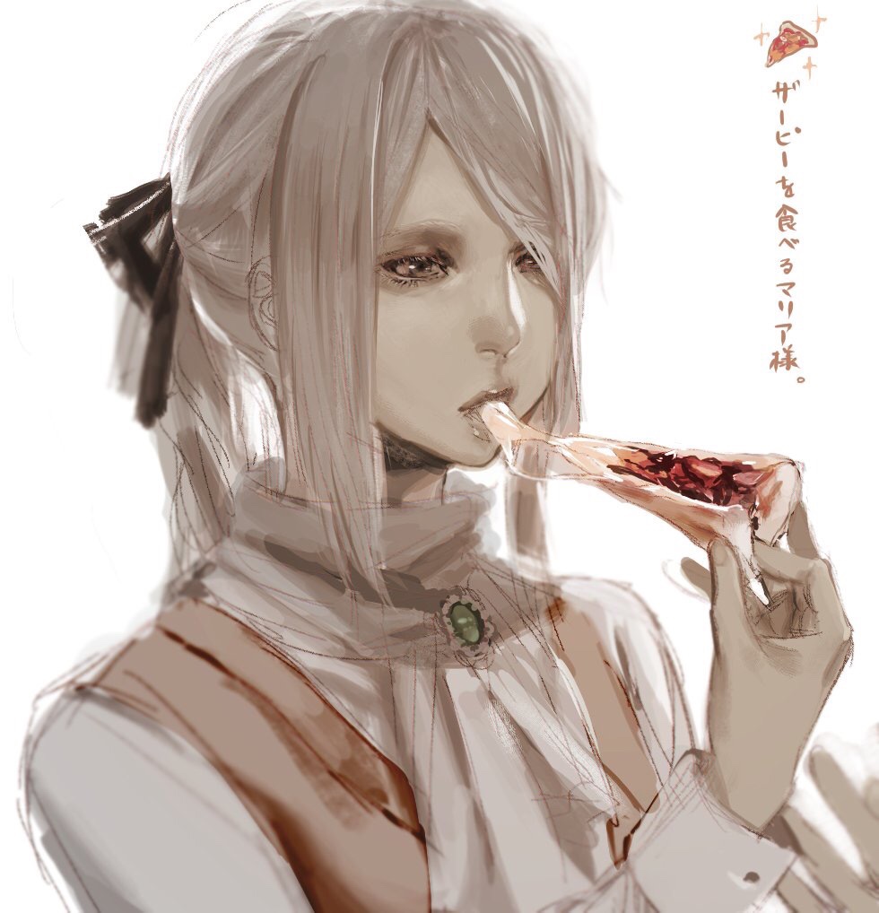 1girl ascot blonde_hair bloodborne cheese_trail eating food gothic hair_ribbon issa_(zgjj7328) lady_maria_of_the_astral_clocktower long_hair long_sleeves no_hat no_headwear pizza ponytail ribbon shirt slice_of_pizza solo the_old_hunters translated