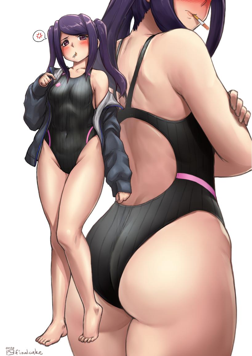 1girl anger_vein ass barefoot black_hair black_jacket black_swimsuit blush cigarette collarbone commentary competition_swimsuit covered_navel cowboy_shot english_commentary finalcake full_body head_out_of_frame jacket julianne_stingray long_hair looking_at_viewer mouth_hold multiple_views one-piece_swimsuit red_eyes revision simple_background spoken_anger_vein standing striped striped_swimsuit swimsuit twintails va-11_hall-a white_background zoom_layer