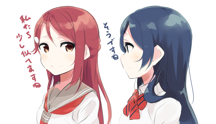 2girls bangs blue_hair bow bowtie brown_eyes hair_ornament half_updo long_hair love_live! love_live!_school_idol_project love_live!_sunshine!! multiple_girls neckerchief otonokizaka_school_uniform red_neckwear redhead sakurauchi_riko school_uniform sidelocks simple_background smile sonoda_umi striped striped_neckwear totoki86 translated upper_body uranohoshi_school_uniform white_background yellow_eyes