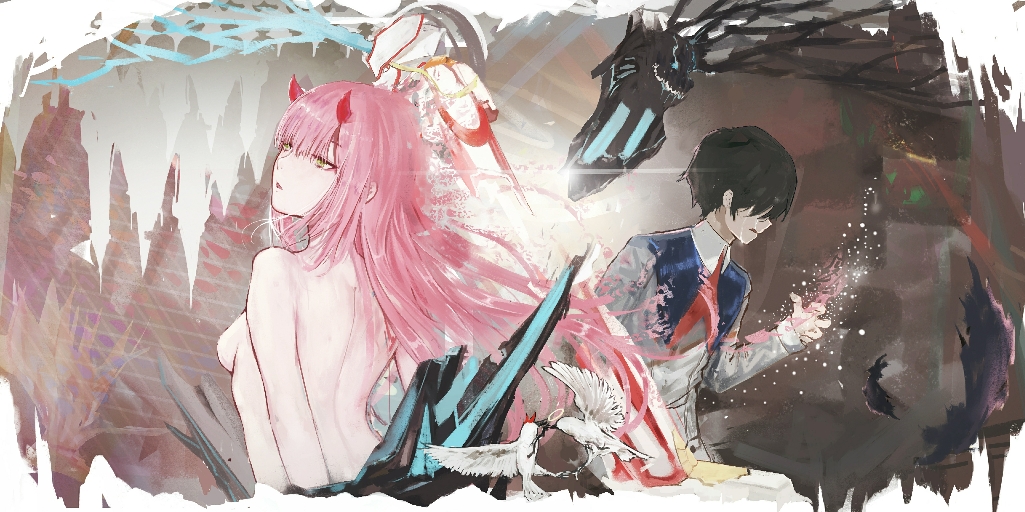 1boy 1girl abstract bangs bird black_hair breasts clothed_male_nude_female commentary couple crying darling_in_the_franxx floating_hair green_eyes hei_xue hetero hiro_(darling_in_the_franxx) horns long_hair long_sleeves mecha medium_breasts military military_uniform necktie nude oni_horns pink_hair red_horns red_neckwear strelizia tears uniform zero_two_(darling_in_the_franxx)