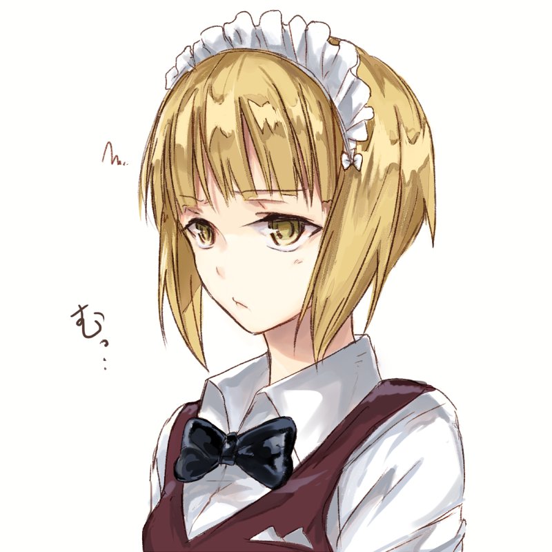 1girl bangs bartender black_neckwear blonde_hair blunt_bangs bow bowtie brown_vest closed_mouth commentary cutlass_(girls_und_panzer) dress_shirt eyebrows_visible_through_hair frown girls_und_panzer handkerchief long_sleeves looking_to_the_side maid_headdress portrait pout school_uniform shirt short_hair simple_background sketch solo squiggle translated vest white_background white_shirt wing_collar yellow_eyes yuuyu_(777)