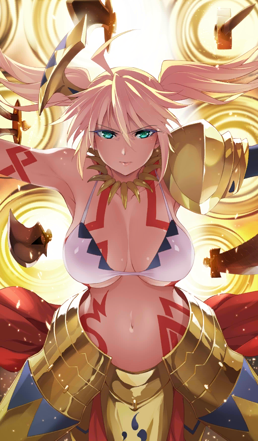 1girl ahoge angelica_ainsworth armpits blonde_hair blue_eyes bra breasts commentary cosplay craft_essence expressionless fate/grand_order fate/kaleid_liner_prisma_illya fate_(series) gate_of_babylon gilgamesh gilgamesh_(cosplay) gold_armor inue_shinsuke large_breasts long_hair looking_at_viewer navel official_art outstretched_arms solo spread_arms tattoo twintails under_boob underwear white_bra