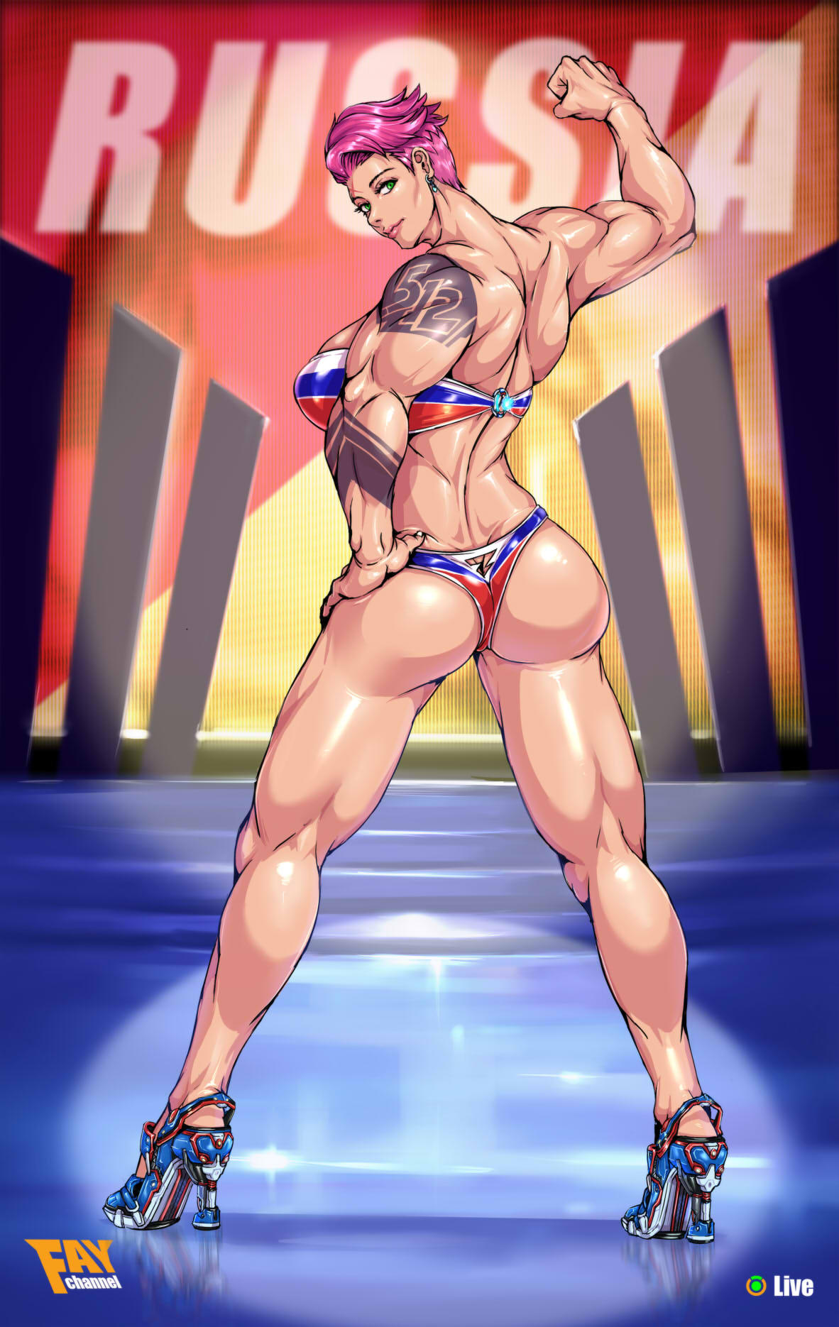 1girl arm_tattoo artist_name ass back bikini breasts commentary earrings english_commentary faymantra flag_print flexing full_body green_eyes hand_on_hip high_heels highres jewelry lips looking_at_viewer looking_back muscle muscular_female nose overwatch pink_hair pose short_hair solo standing swimsuit tattoo twisted_torso zarya_(overwatch)