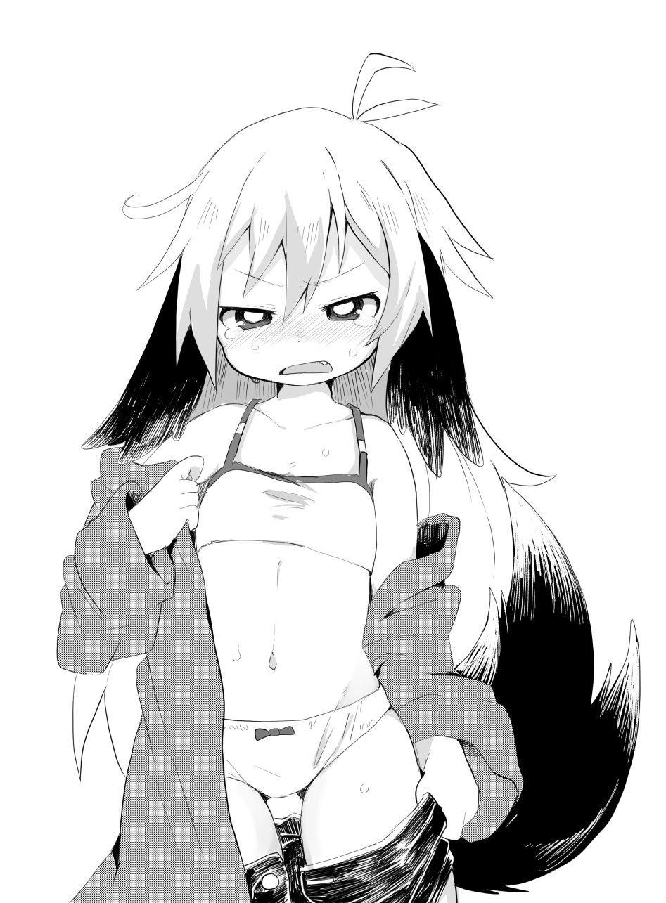 1girl animal_ears bad_id bad_twitter_id blush bra commentary_request dog_ears dog_tail fang greyscale highres inactive_account konachiu long_hair monochrome open_mouth original panties pants pants_pull rei-chan_(konachiu) sweat tail tears underwear undressing white_panties