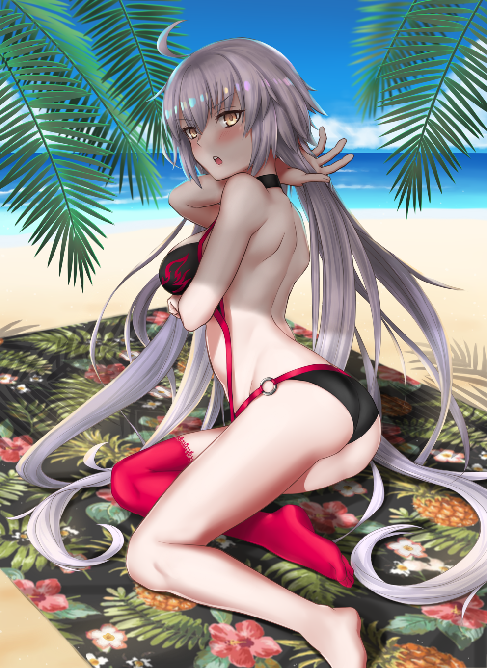 1girl ahoge ass bangs beach beach_towel bikini black_bikini black_choker breasts choker clouds cloudy_sky commentary_request day eyebrows_visible_through_hair fate/grand_order fate_(series) hair_between_eyes highres holding jeanne_d'arc_(alter_swimsuit_berserker) jeanne_d'arc_(fate)_(all) large_breasts long_hair looking_at_viewer o-ring o-ring_bikini o-ring_bottom o-ring_top ocean open_mouth palm_tree red_legwear silver_hair single_thighhigh sky solo swimsuit thigh-highs towel tree yellow_eyes zilaishui