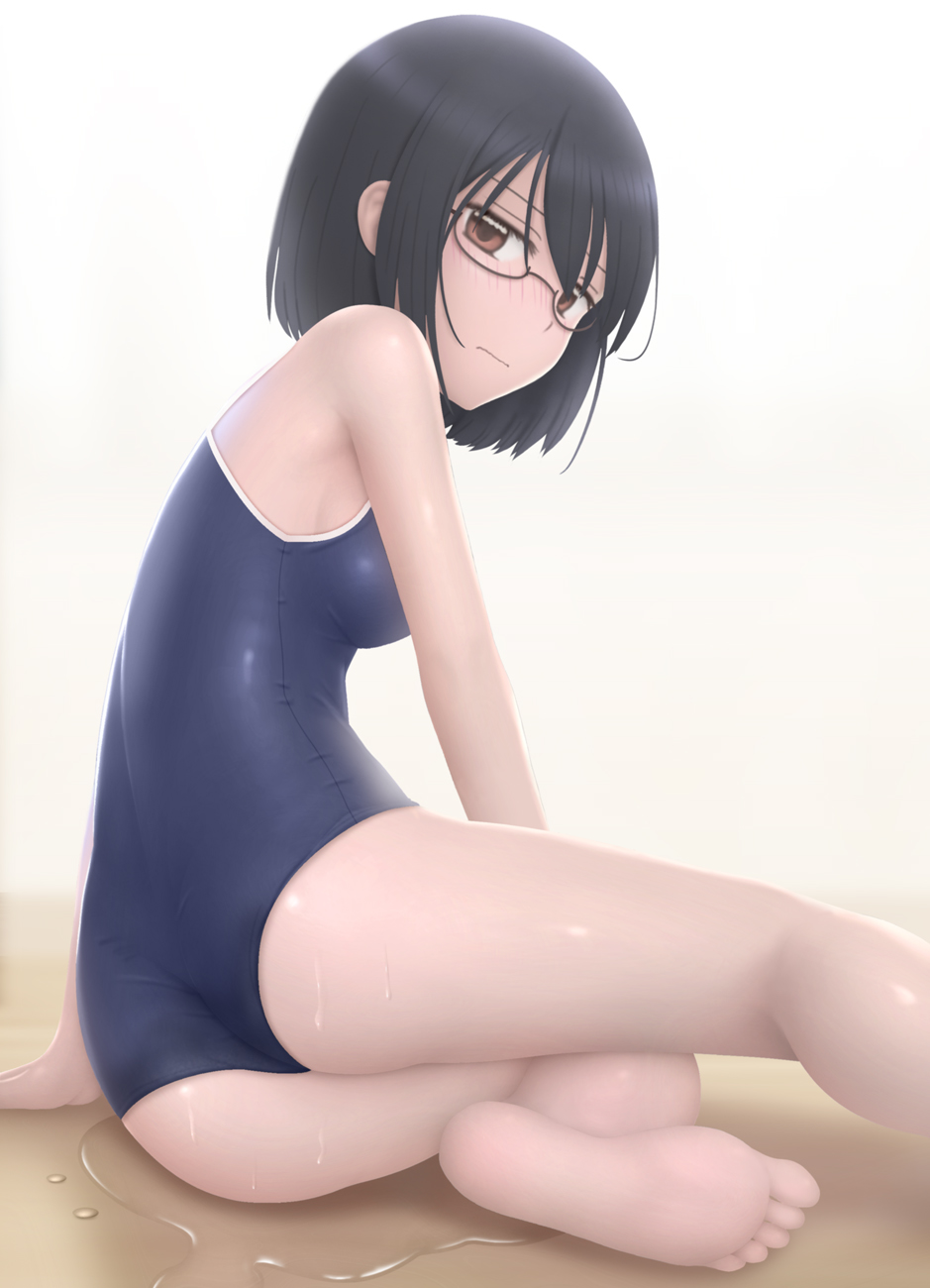 1girl arm_support asobi_asobase ass bare_legs barefoot black_hair blue_swimsuit blush breasts closed_mouth competition_school_swimsuit feet glasses gradient gradient_background grey_background highres looking_at_viewer looking_back medium_breasts nomura_kasumi nose_blush one-piece_swimsuit school_swimsuit semi-rimless_eyewear short_hair siraha sitting solo swimsuit under-rim_eyewear wet