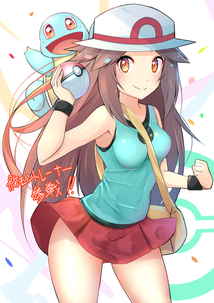 1girl aqua_shirt bag bare_shoulders blue_(pokemon) blue_shirt blush breasts brown_hair commentary covered_navel cowboy_shot hat holding holding_poke_ball long_hair looking_at_viewer medium_breasts miniskirt orange_eyes pleated_skirt poke_ball poke_ball_(generic) poke_ball_print pokemon pokemon_(game) pokemon_frlg porkpie_hat print_hat racket_ti1 red_skirt shirt skirt sleeveless sleeveless_shirt smile solo_focus squirtle sun_hat super_smash_bros. thighs translated very_long_hair white_headwear wind wind_lift wristband