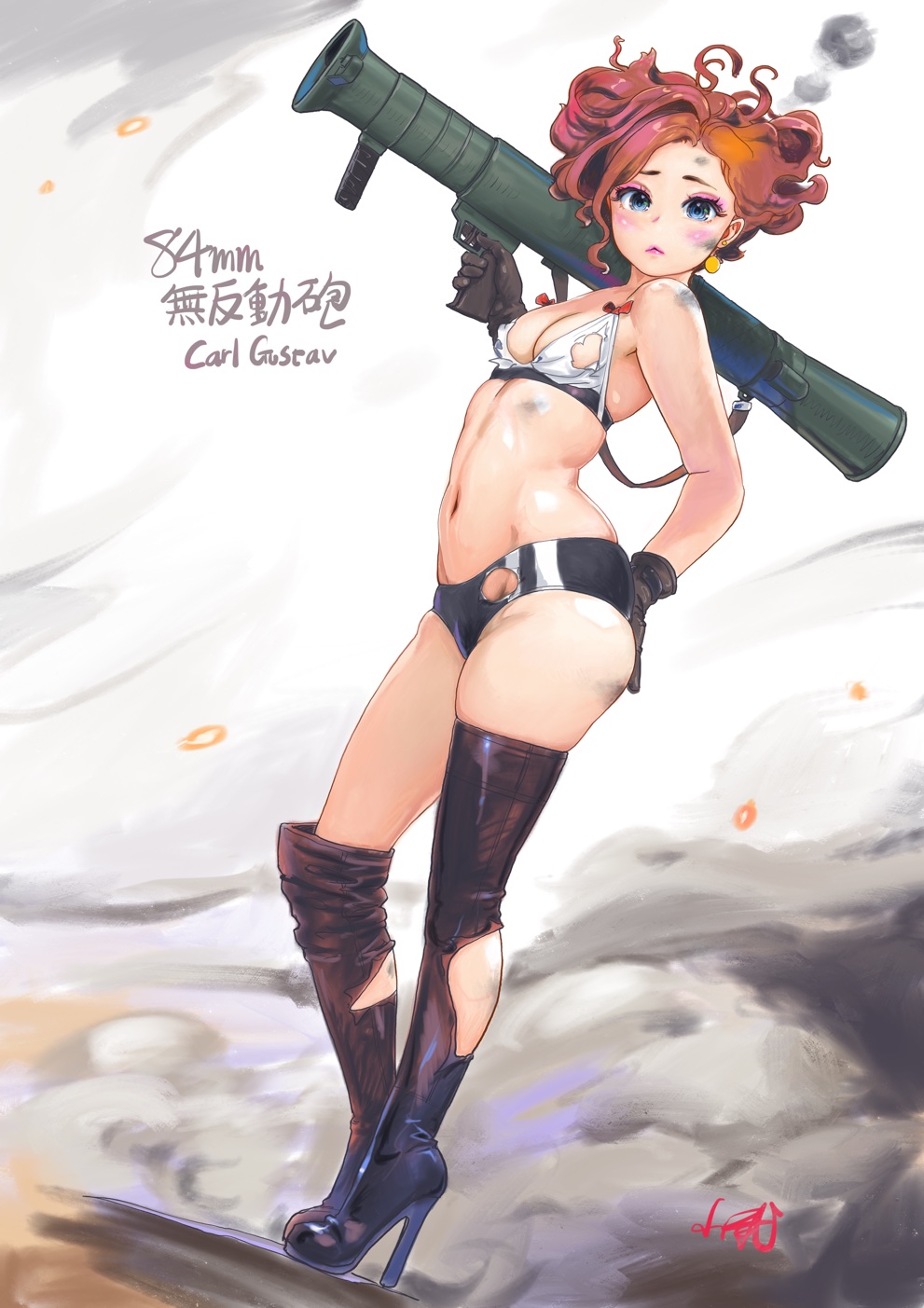 1girl :&lt; bare_shoulders bikini_top blue_eyes blush boots bow breasts buruma carina_(xiaowoo) closed_mouth commentary_request contrapposto dirty earrings eyeshadow full_body gloves gun hand_on_own_ass high_heels highres holding holding_gun holding_weapon jewelry kishi_mieko looking_at_viewer makeup messy_hair navel onna_shunin_kishi_mieko recoilless_rifle red_bow redhead short_hair signature small_breasts solo standing thigh-highs thigh_boots thighs torn_boots torn_buruma torn_clothes translated weapon white_bikini_top