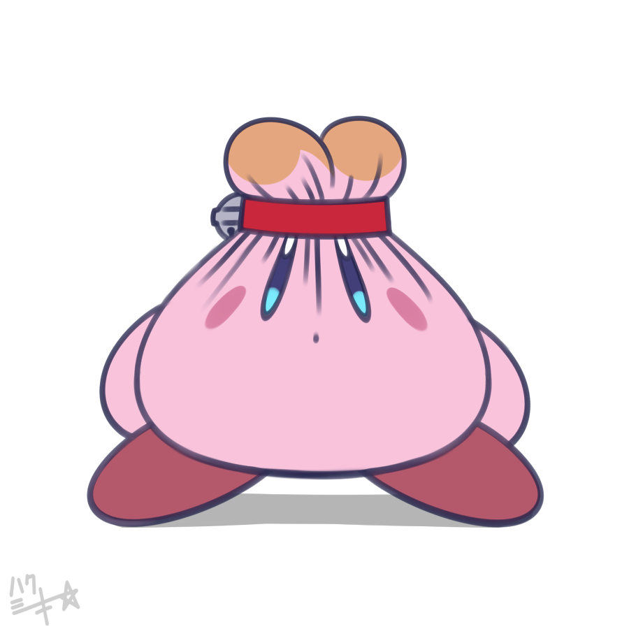 1other artist_name bell blue_eyes blush_stickers commentary_request cosplay doubutsu_no_mori full_body hal_laboratory_inc. hoshi_no_kirby jingle_bell kashiri_kurosuke kirby kirby_(series) nintendo nintendo_ead no_humans pink_puff_ball pink_skin shizue_(doubutsu_no_mori) shizue_(doubutsu_no_mori)_(cosplay) signature simple_background sora_(company) standing super_smash_bros. super_smash_bros._ultimate tobidase:_doubutsu_no_mori topknot white_background