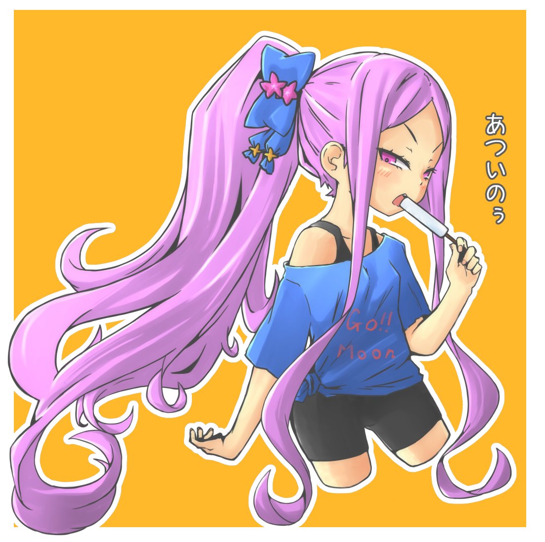 1girl alternate_costume alternate_hairstyle bike_shorts blue_bow blush bow breasts clothes_writing commentary_request cropped_legs curly_hair english_text fate/grand_order fate_(series) food hair_bow hand_up long_hair macbail off-shoulder_shirt off_shoulder open_mouth orange_background outline ponytail popsicle purple_hair shirt sidelocks small_breasts solo tank_top tied_shirt translated tsurime two-tone_background very_long_hair violet_eyes white_background white_outline wu_zetian_(fate/grand_order)