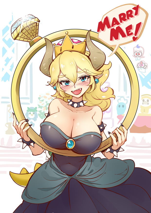 1girl blonde_hair blue_eyes blush bowsette bracelet breasts cappy_(mario) collar crown dress earrings english_text fangs horns jewelry large_breasts lizard_tail super_mario_bros. new_super_mario_bros._u_deluxe pointy_ears ponytail proposal ring sharp_teeth shell silversirius spiked_armlet spiked_bracelet spiked_collar spiked_shell spiked_tail spikes super_crown super_mario_odyssey tail teeth tiara_(mario) wedding_ring