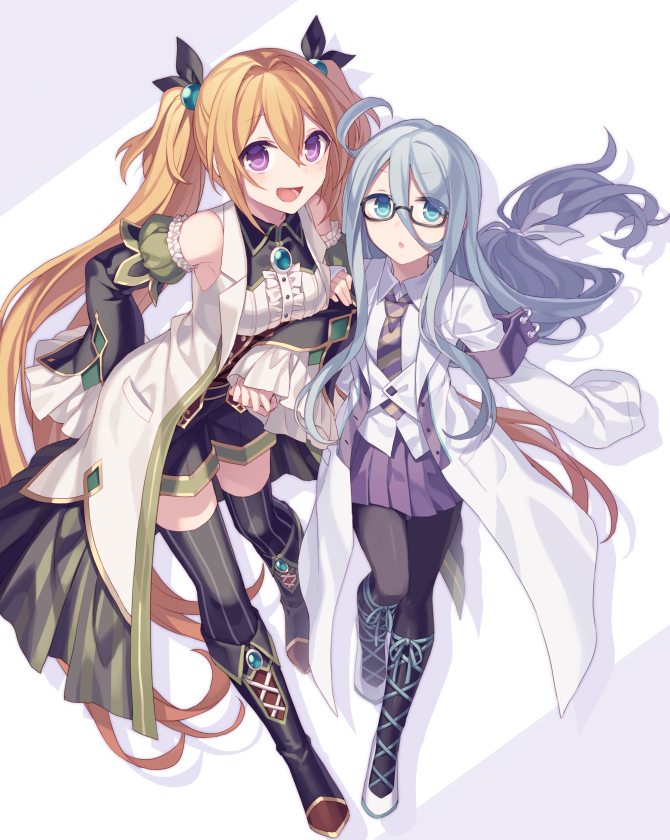 2girls bangs black_legwear blonde_hair blue_eyes coat detached_sleeves full_body hair_between_eyes hijiri_(resetter) labcoat long_hair looking_at_viewer multiple_girls necktie open_clothes open_coat original pantyhose pleated_skirt semi-rimless_eyewear silver_hair simple_background skirt standing striped striped_legwear thigh-highs twintails under-rim_eyewear vertical-striped_legwear vertical_stripes violet_eyes