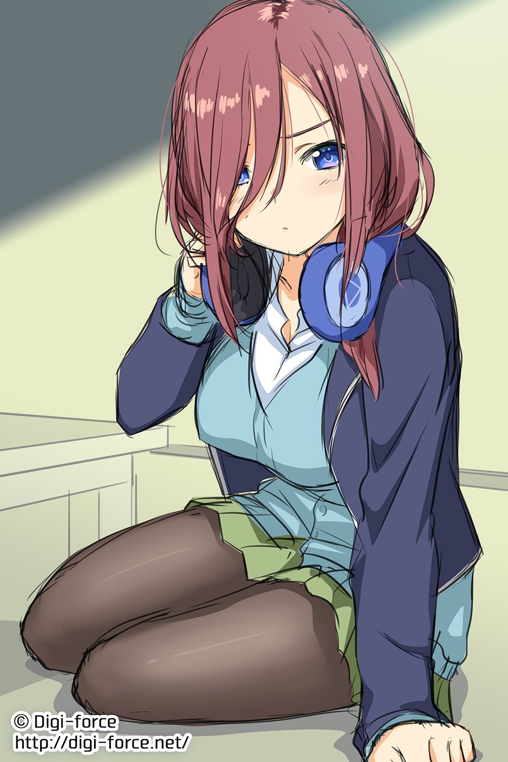 1girl bangs blazer blue_cardigan blue_eyes breasts cardigan collared_shirt commentary_request go-toubun_no_hanayome green_skirt hair_between_eyes headphones headphones_around_neck highres jacket kimura_shigetaka large_breasts long_hair long_sleeves nakano_miku pantyhose shirt sitting skirt wariza white_shirt