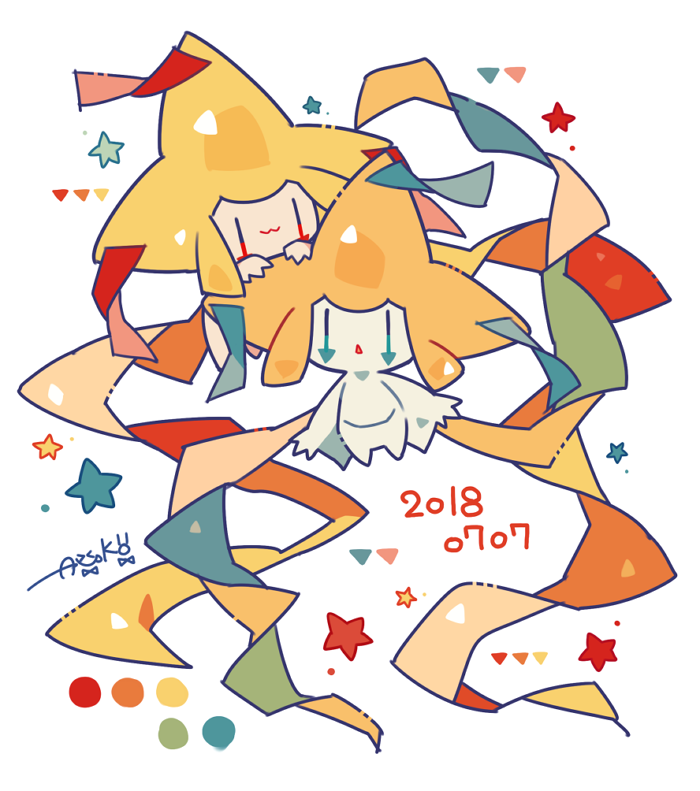 :3 alternate_color artist_name auko blue_eyes dated full_body gen_3_pokemon jirachi no_humans open_mouth poke_ball_symbol pokemon pokemon_(creature) red_eyes shiny_pokemon signature simple_background smile star white_background