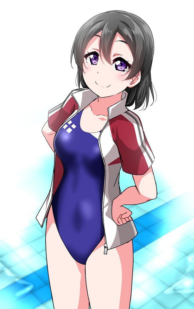 1girl bangs bare_legs black_hair blush breasts collarbone jacket large_breasts looking_at_viewer love_live! love_live!_sunshine!! love_live!_sunshine!!_the_school_idol_movie_over_the_rainbow one-piece_swimsuit pool short_hair smile solo swimsuit tiles track_jacket violet_eyes watanabe_tsuki water white_background yopparai_oni